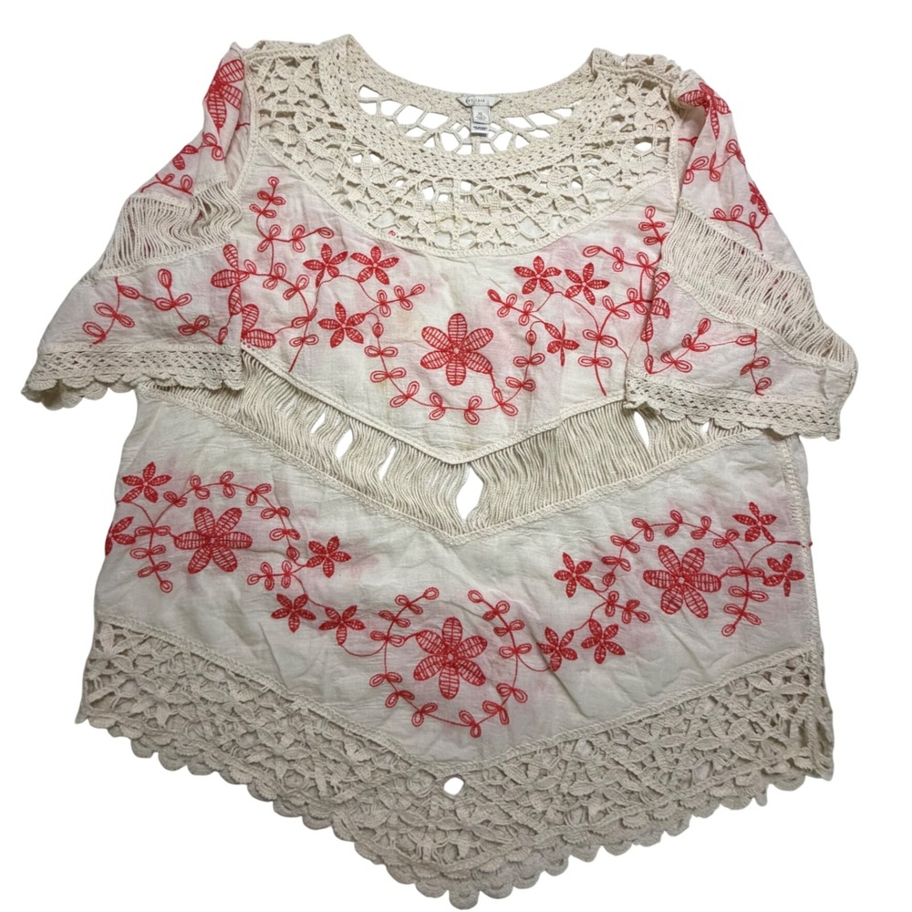 C. Est. 1946 Womens XL Boho Crochet Embroidered Fringe Handkerchief Hem Top